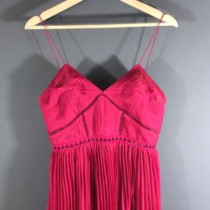 fuchsia pleated chiffon midi dress